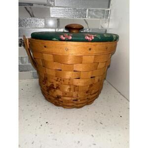 1997 Longaberger 5” Single Swing Handle Fruit Basket w/ Green Fabric Lid